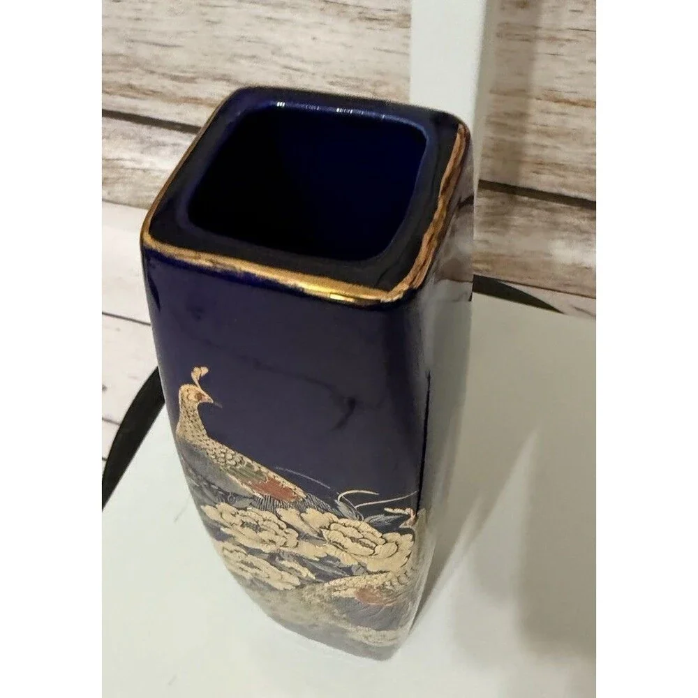 Japanese Colbalt Blue Vase Pheasant & Peony Floral Design Vintage Original
